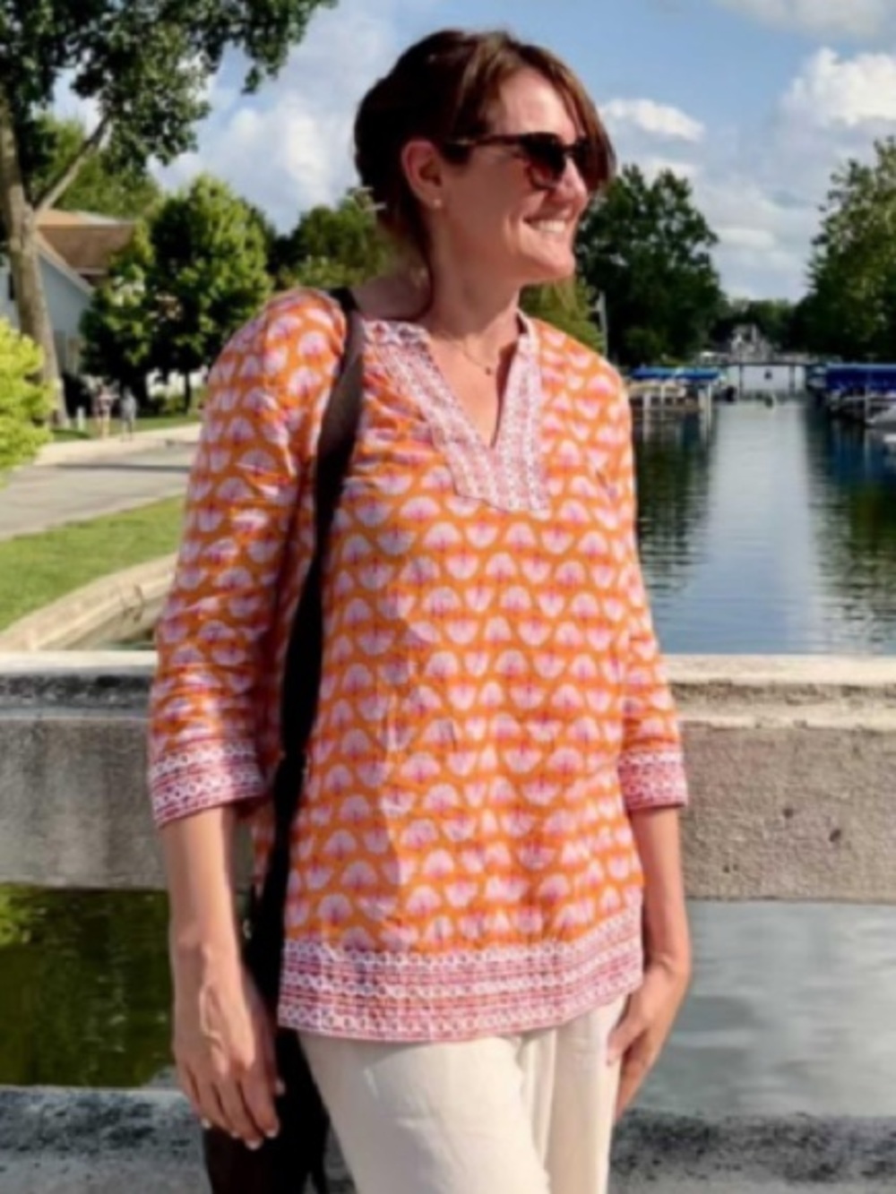Sigrid Olsen Orange Printed Embroidery V-Neck Tunic with White Accents 🆕